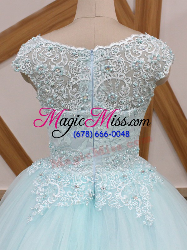 wholesale modern scoop sleeveless quince ball gowns brush train beading and lace light blue tulle