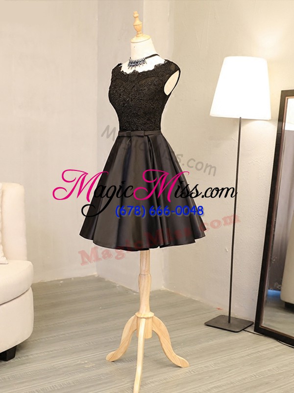 wholesale clearance black satin zipper prom gown sleeveless mini length lace and appliques