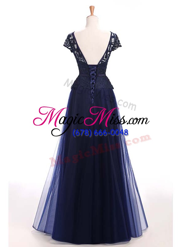 wholesale floor length a-line short sleeves navy blue evening dress lace up