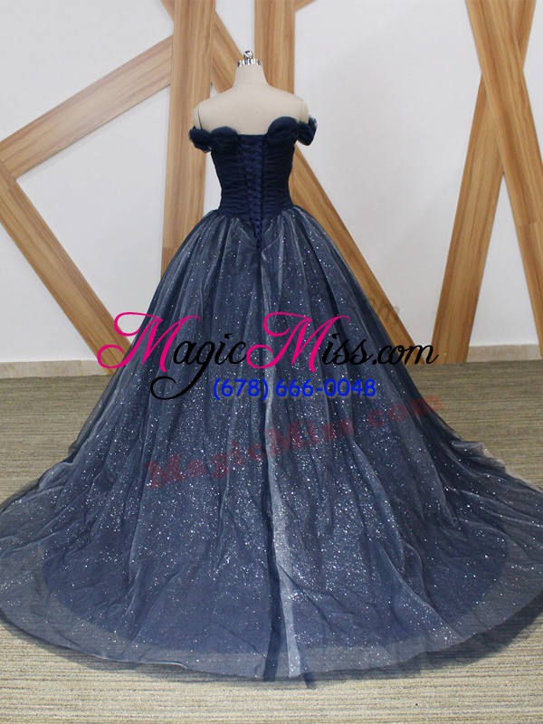 wholesale lovely sleeveless ruching lace up evening dress with navy blue brush train