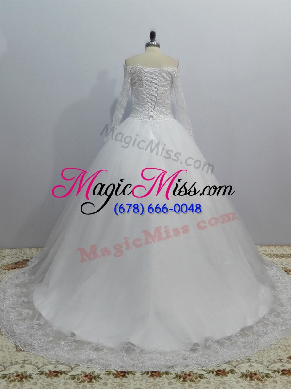 wholesale affordable white ball gowns lace bridal gown lace up tulle long sleeves