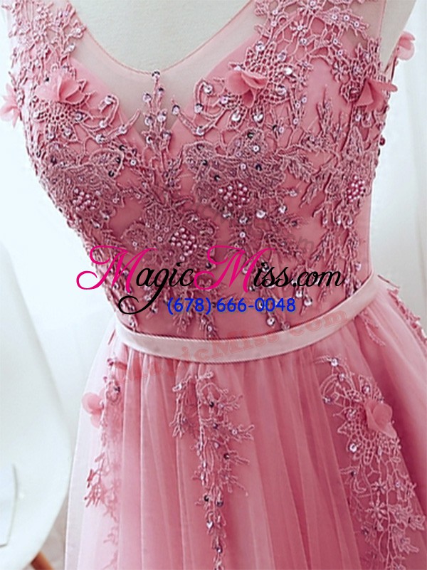 wholesale pink sleeveless tulle lace up evening dress for prom and party and military ball and sweet 16
