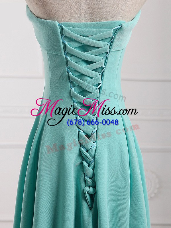 wholesale ruching bridesmaid dresses aqua blue lace up sleeveless floor length