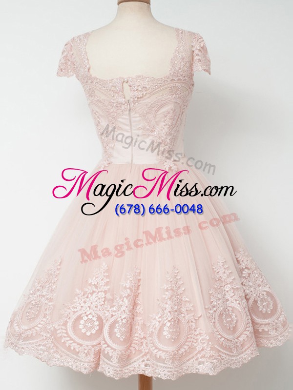 wholesale custom design cap sleeves tulle knee length zipper quinceanera court dresses in peach with lace