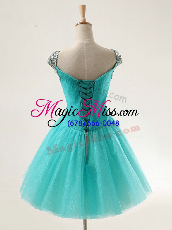 wholesale top selling red cap sleeves mini length beading and sequins lace up prom party dress