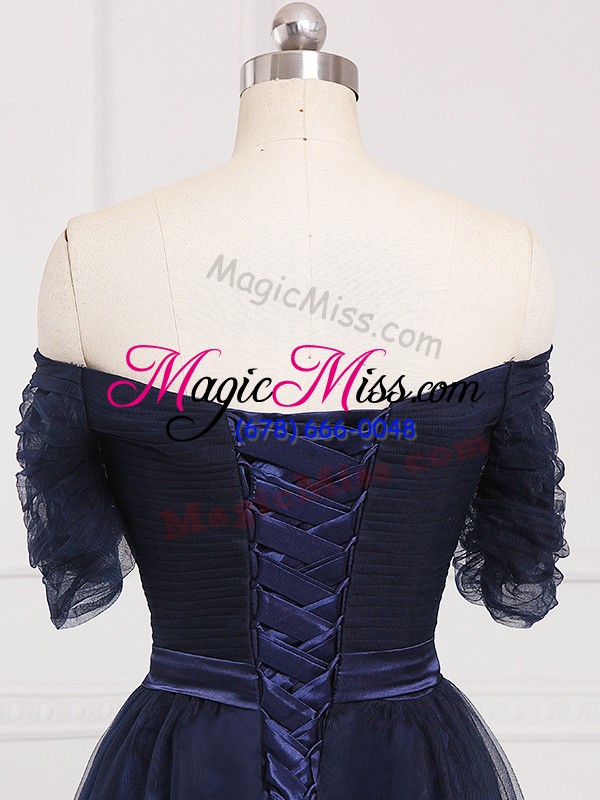 wholesale short sleeves ruching lace up bridesmaid dresses