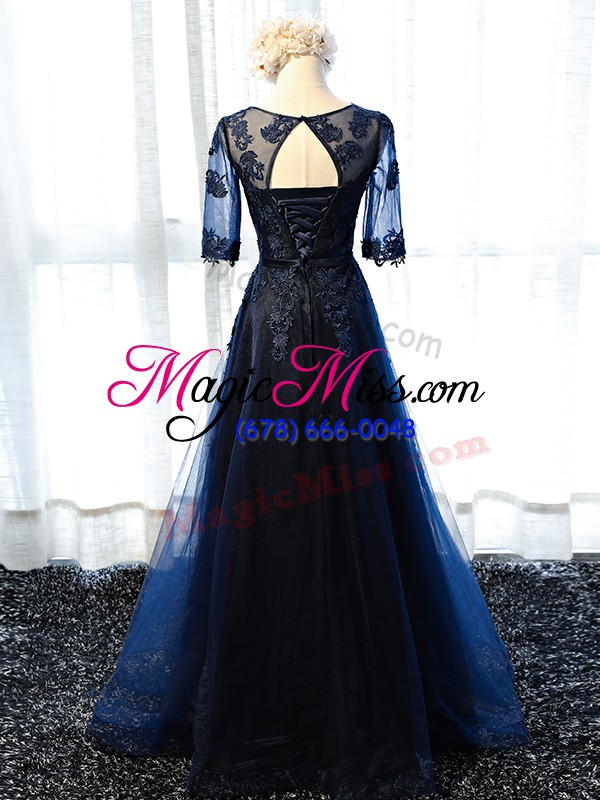 wholesale sexy navy blue a-line tulle scoop half sleeves lace and appliques floor length lace up dress for prom