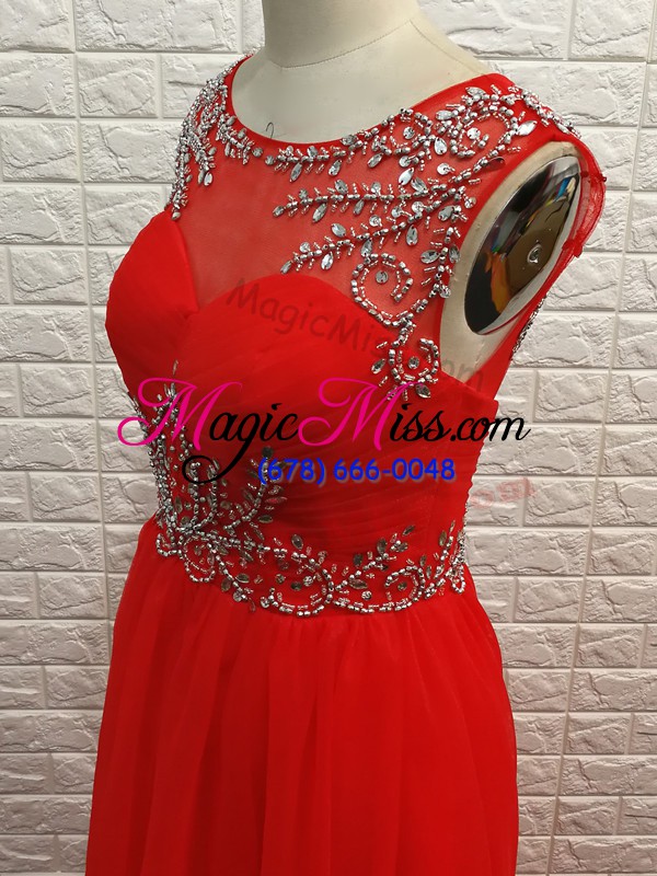 wholesale simple sleeveless chiffon floor length backless casual dresses in red with beading