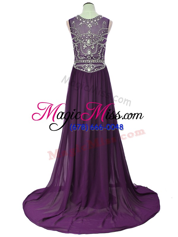 wholesale gorgeous purple side zipper scoop beading prom dress elastic woven satin short sleeves brush train