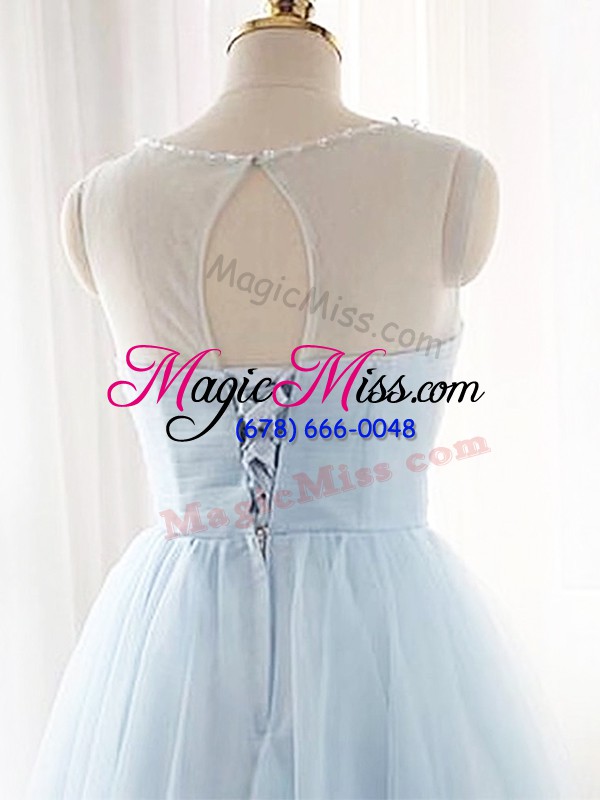 wholesale scoop sleeveless prom gown mini length beading and ruching grey tulle
