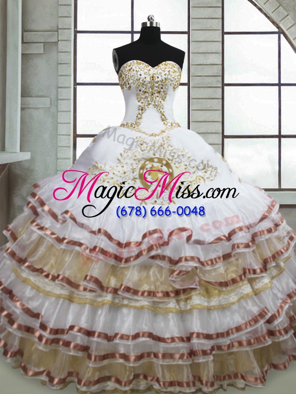 wholesale suitable white sweetheart lace up beading and embroidery and ruffled layers 15th birthday dress sleeveless
