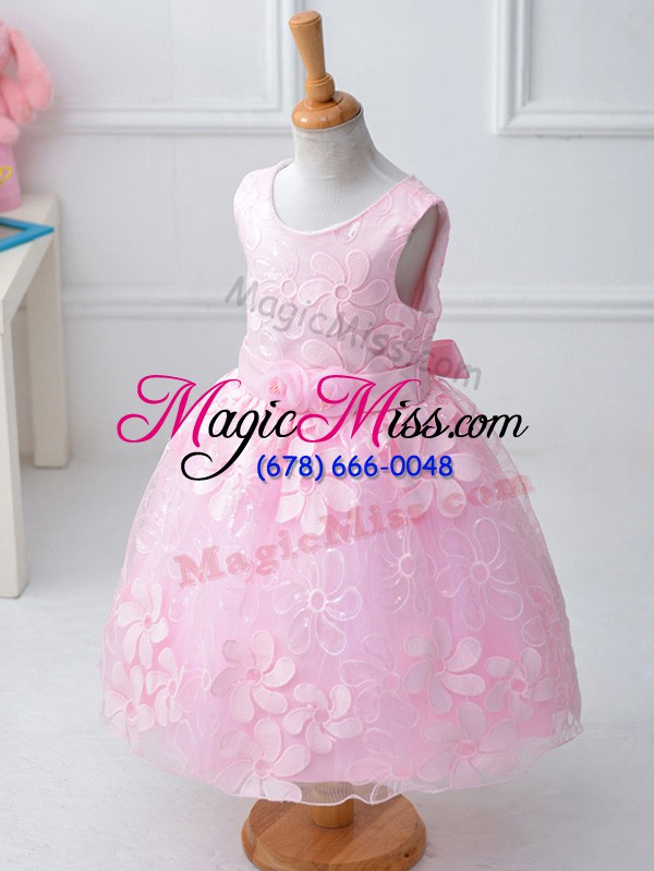 wholesale eye-catching baby pink kids pageant dress wedding party with appliques and hand made flower scoop sleeveless zipper