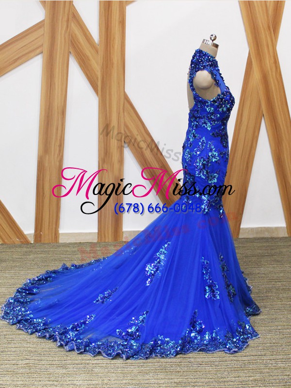 wholesale royal blue tulle backless high-neck sleeveless womens evening dresses brush train lace and appliques