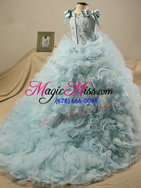 wholesale admirable light blue tulle zipper little girls pageant gowns sleeveless brush train beading and ruffles and bowknot