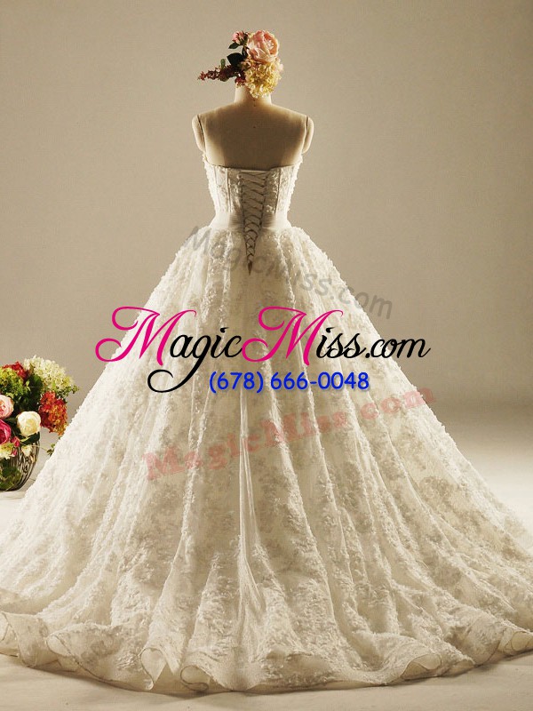 wholesale simple lace sweetheart sleeveless brush train lace up beading and lace bridal gown in white