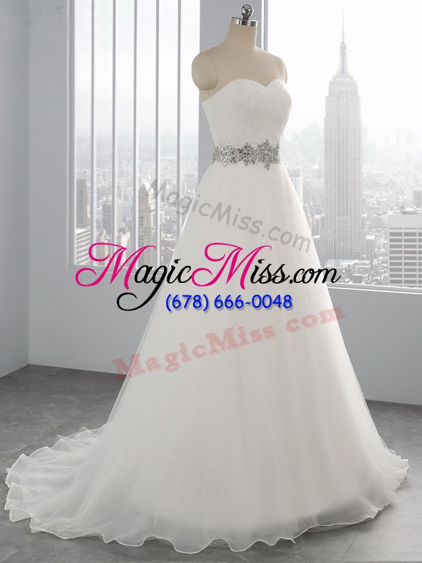 wholesale sleeveless organza brush train lace up wedding dresses in white with beading
