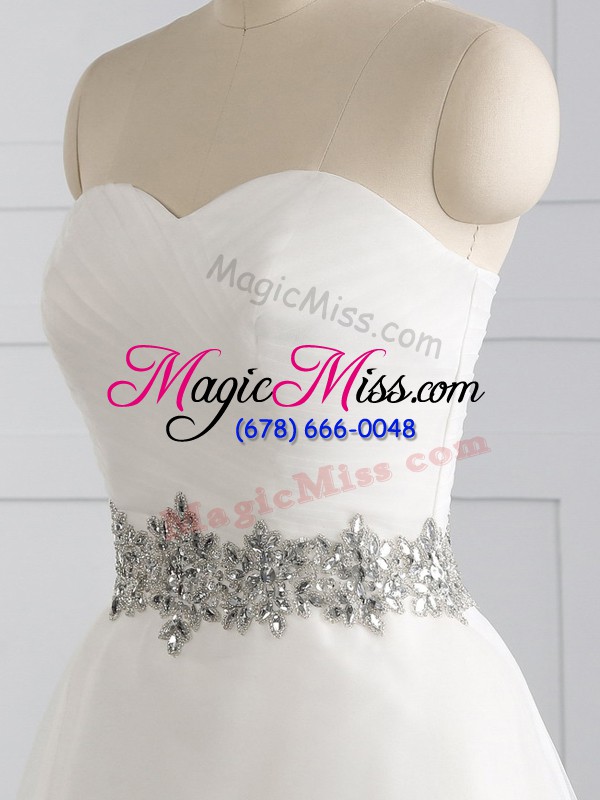 wholesale sleeveless organza brush train lace up wedding dresses in white with beading