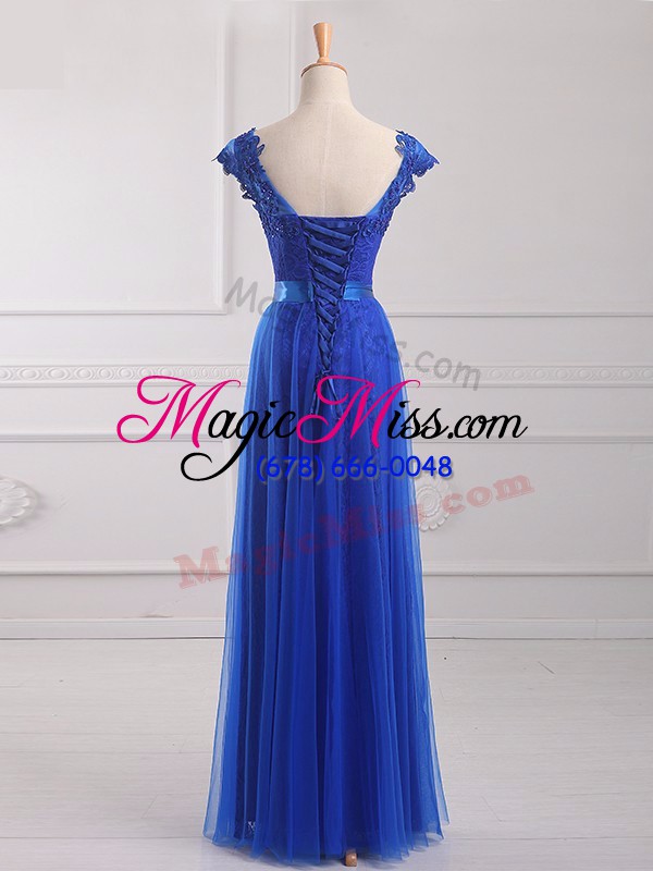 wholesale dynamic v-neck short sleeves evening dress floor length beading and lace and appliques and belt royal blue tulle