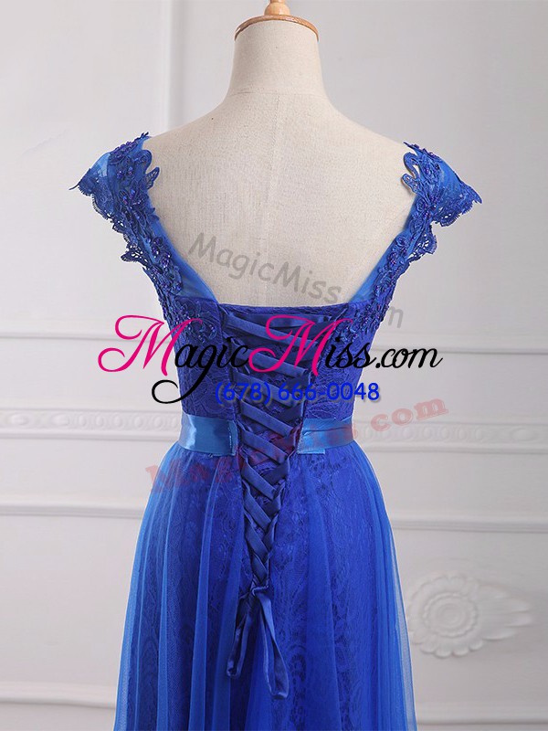 wholesale dynamic v-neck short sleeves evening dress floor length beading and lace and appliques and belt royal blue tulle