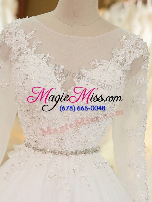wholesale designer white ball gowns beading and lace and appliques bridal gown zipper tulle long sleeves