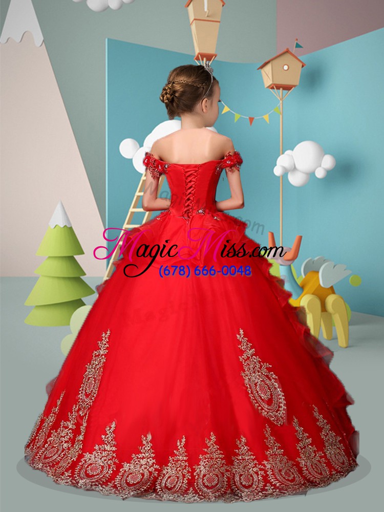 wholesale red sleeveless appliques and embroidery floor length little girls pageant gowns
