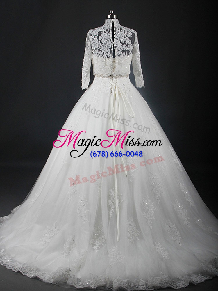 wholesale dramatic white tulle lace up bridal gown sleeveless brush train beading and lace