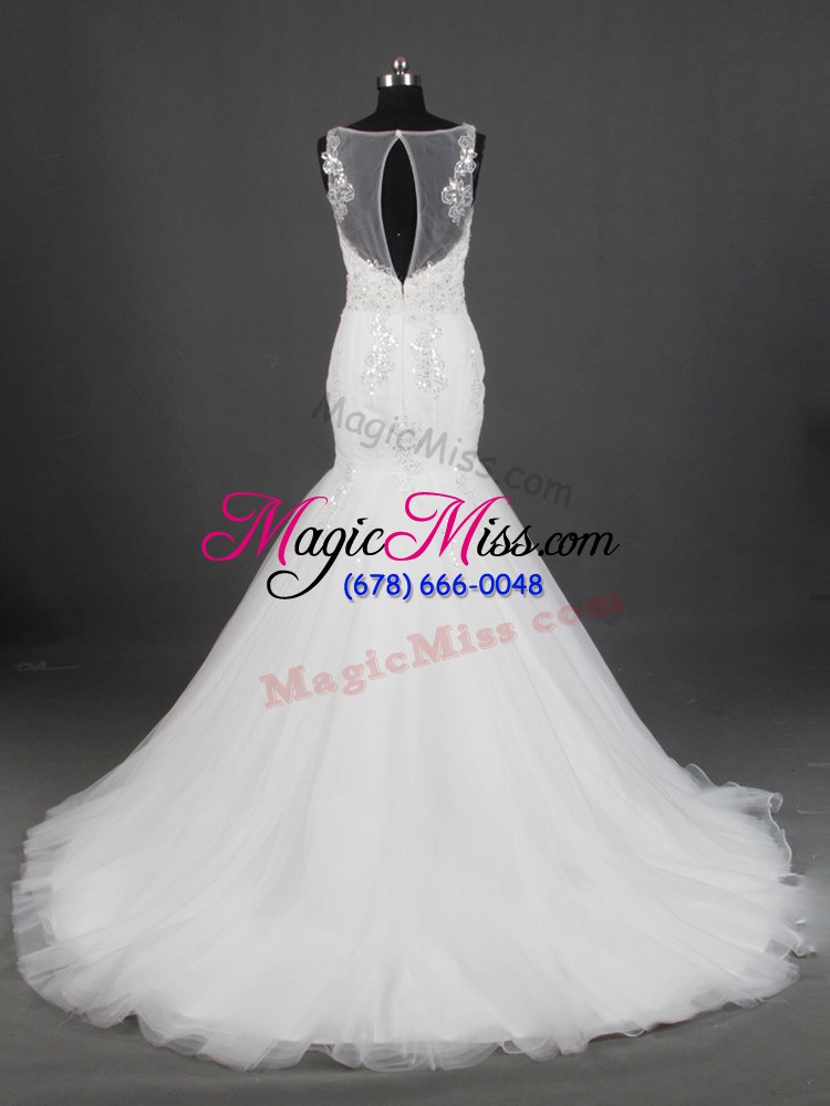 wholesale dazzling white zipper wedding gown appliques sleeveless brush train