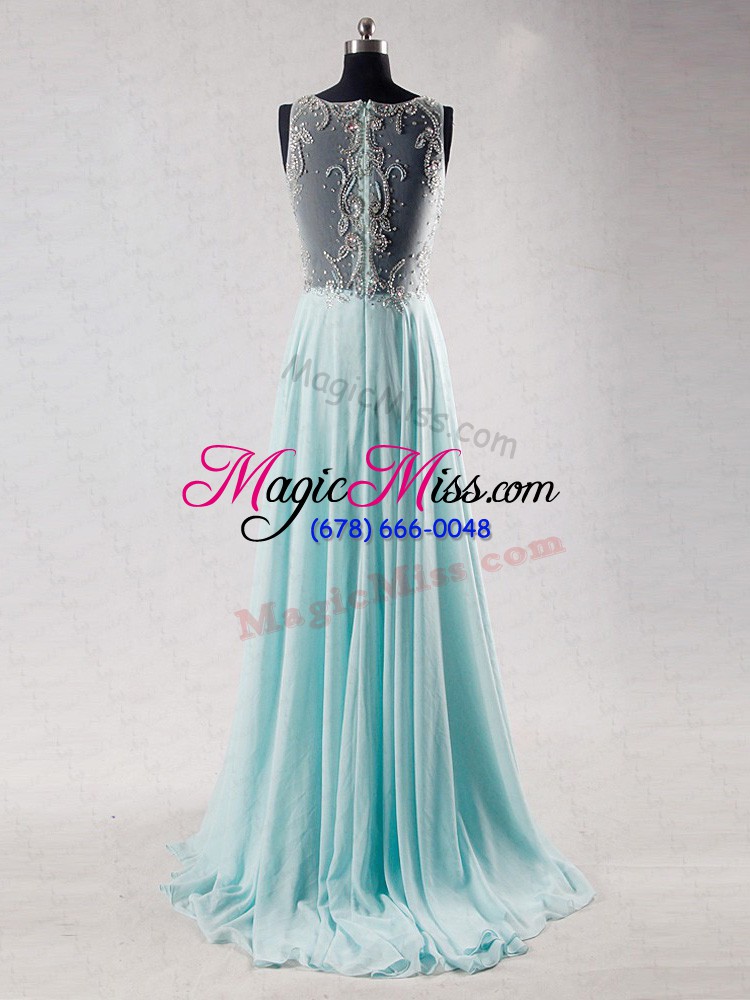 wholesale luxury chiffon scoop sleeveless brush train zipper beading prom dresses in aqua blue