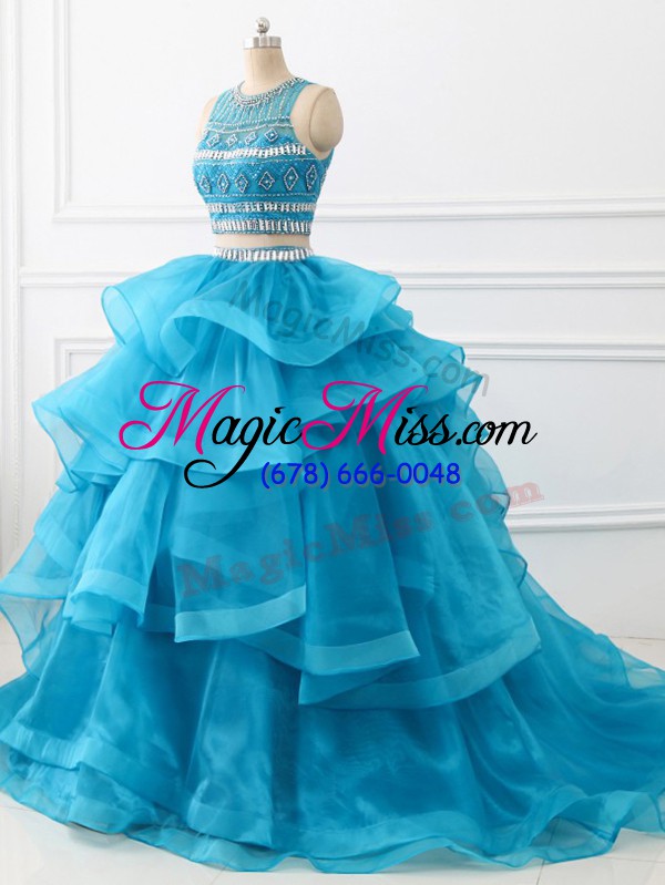 wholesale glorious baby blue backless quinceanera dress beading and ruffles sleeveless brush train