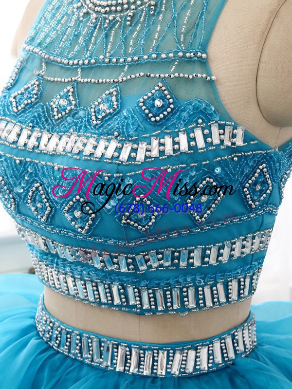 wholesale glorious baby blue backless quinceanera dress beading and ruffles sleeveless brush train