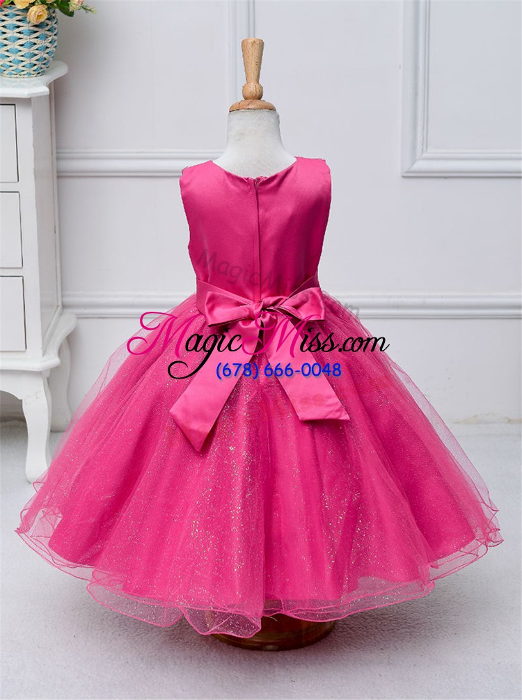 wholesale fashionable lace and bowknot flower girl dresses for less hot pink zipper sleeveless knee length