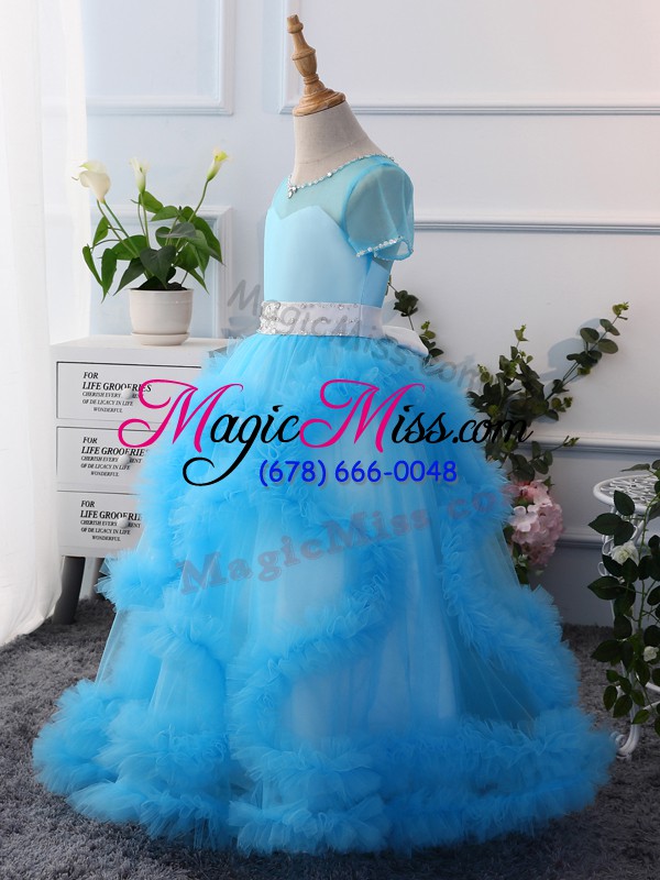 wholesale lavender tulle clasp handle pageant gowns for girls short sleeves floor length beading