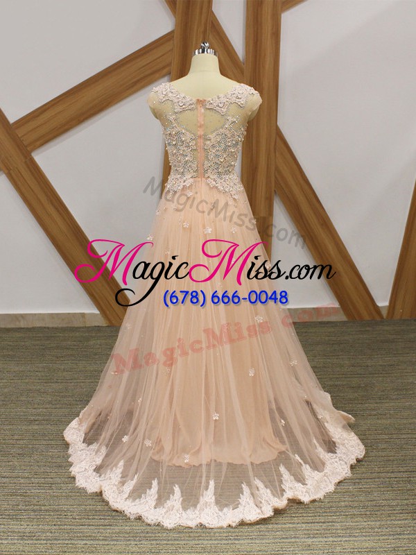 wholesale champagne zipper evening dresses beading and lace and appliques sleeveless floor length