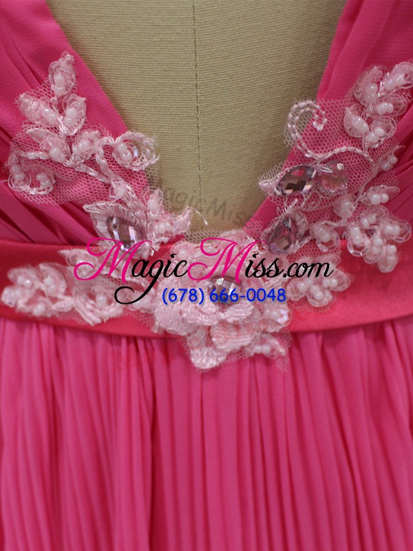 wholesale hot pink prom evening gown v-neck half sleeves sweep train backless
