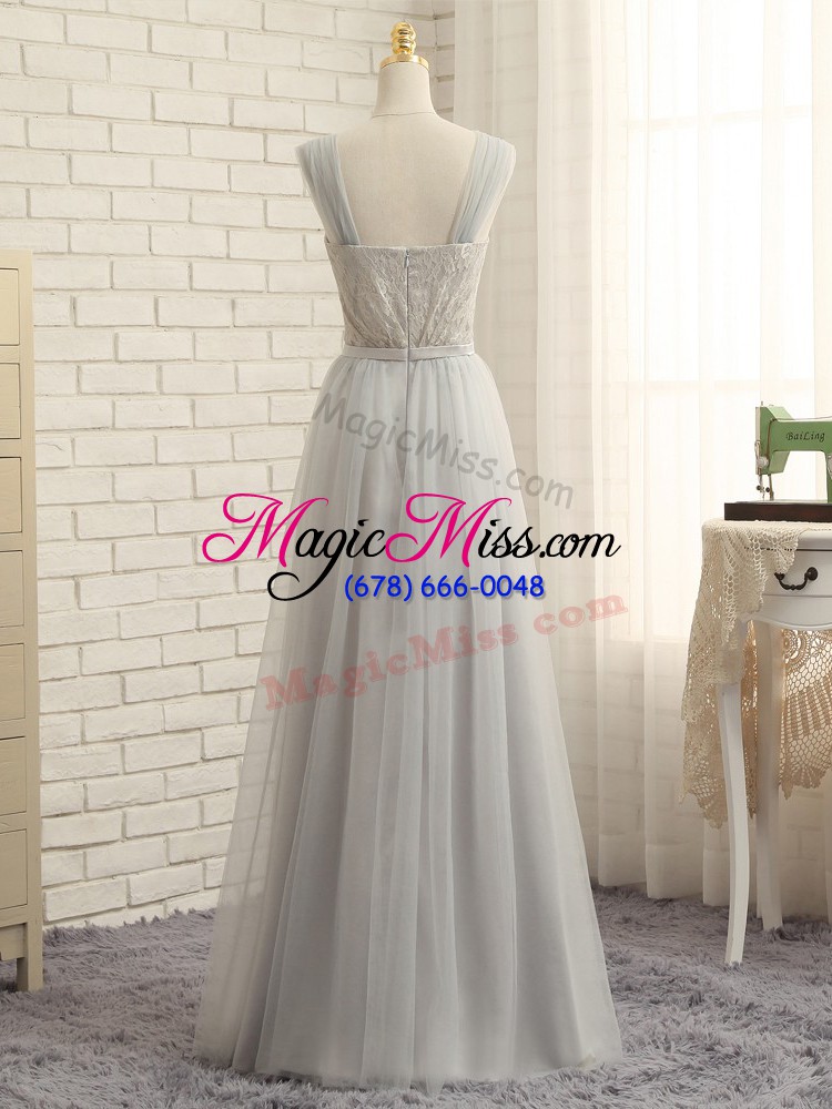 wholesale grey zipper straps lace quinceanera dama dress tulle sleeveless sweep train