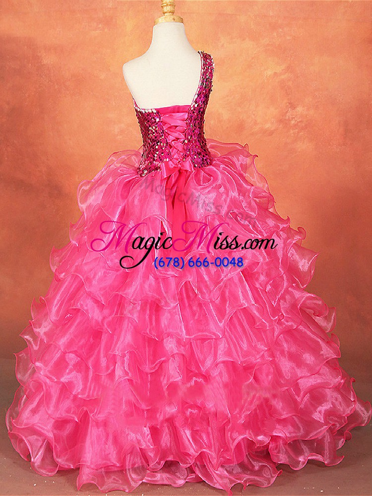 wholesale one shoulder sleeveless organza kids formal wear beading and ruffles and sequins lace up