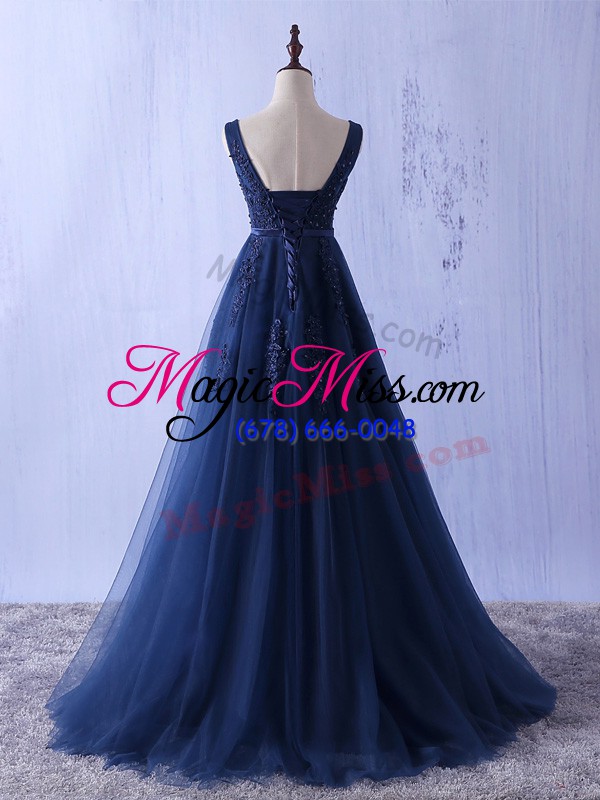wholesale fabulous navy blue sleeveless tulle lace up evening dress for prom and party