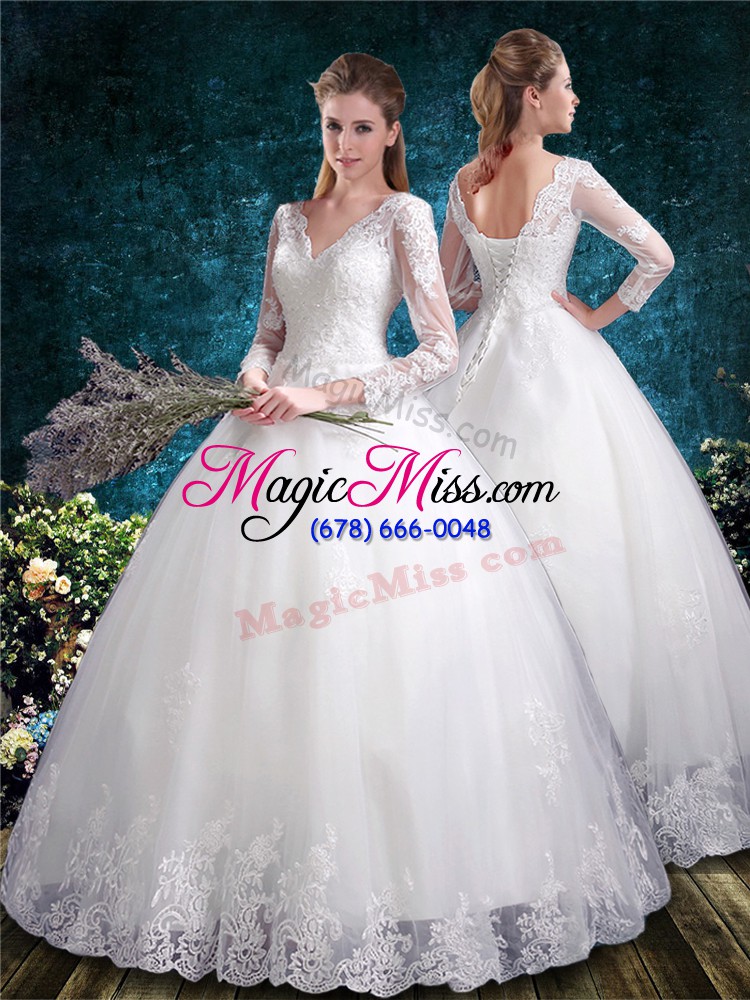 wholesale new style white ball gowns tulle v-neck long sleeves beading and appliques floor length lace up wedding gowns