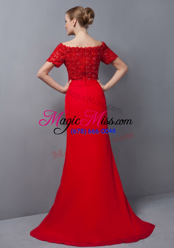 wholesale custom designed fuchsia off the shoulder zipper lace mother of bride dresses sweep train short sleeves