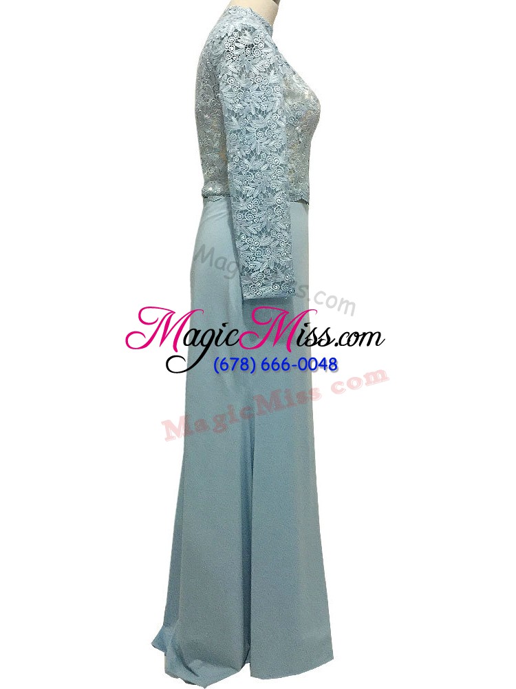 wholesale floor length light blue mother dresses high-neck long sleeves side zipper