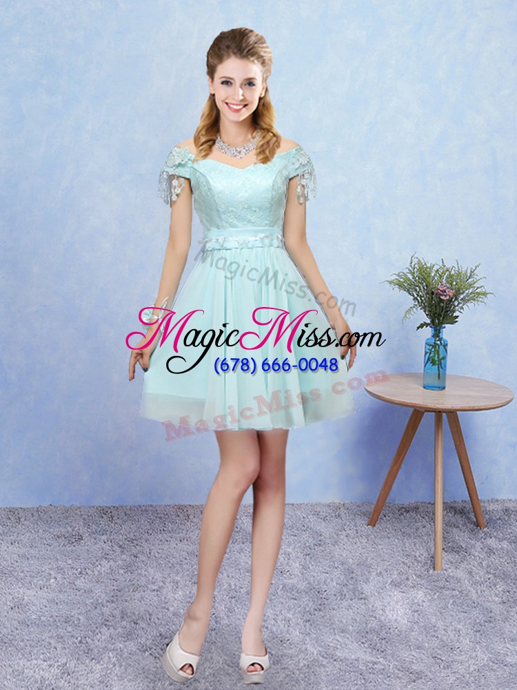 wholesale top selling aqua blue short sleeves mini length lace lace up wedding party dress