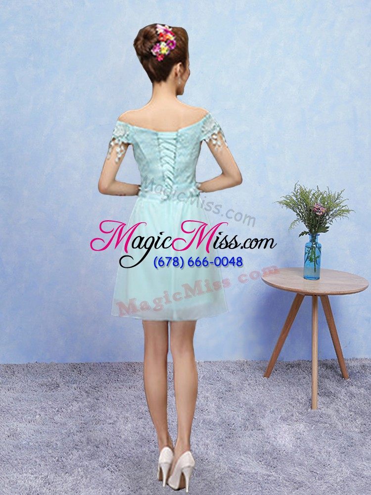 wholesale top selling aqua blue short sleeves mini length lace lace up wedding party dress