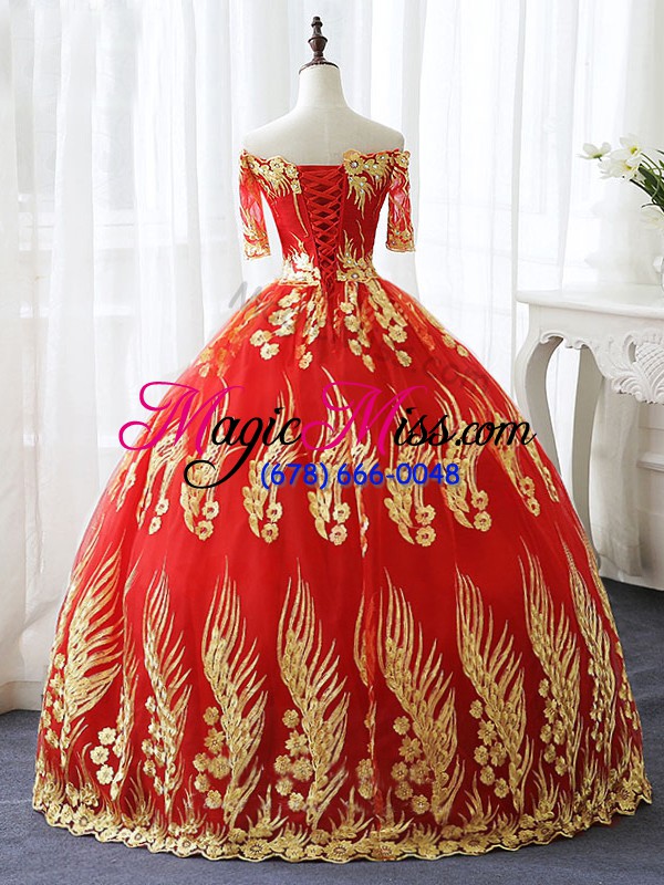 wholesale printed off the shoulder half sleeves lace up appliques quince ball gowns in red