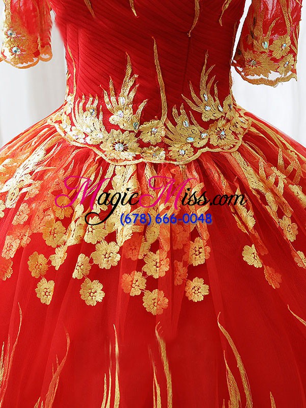 wholesale printed off the shoulder half sleeves lace up appliques quince ball gowns in red