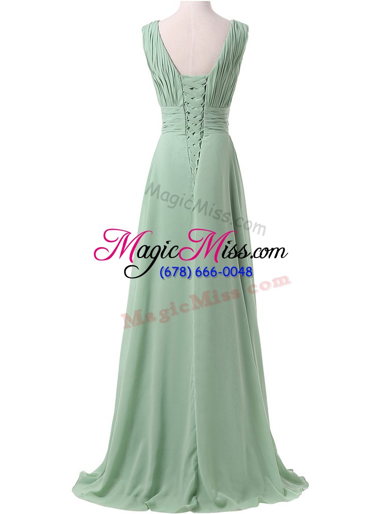 wholesale perfect apple green sleeveless floor length ruching lace up bridesmaids dress