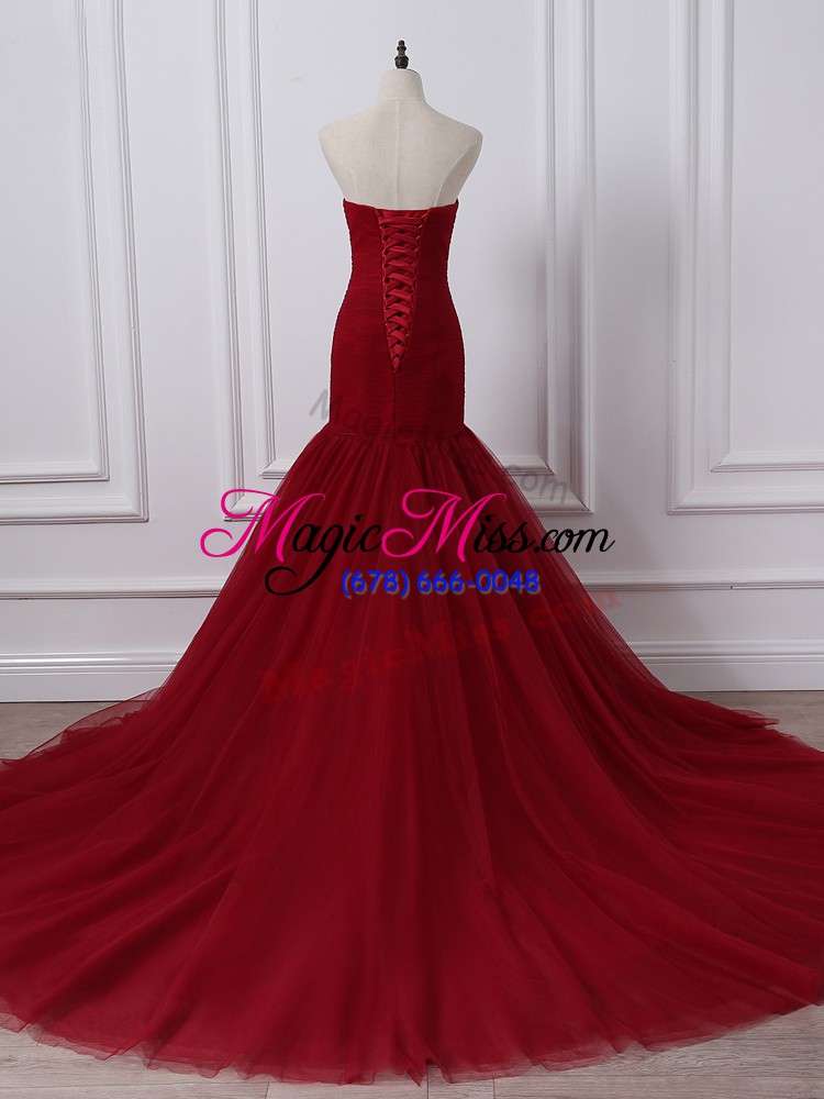 wholesale new style wine red tulle lace up formal dresses sleeveless court train ruching