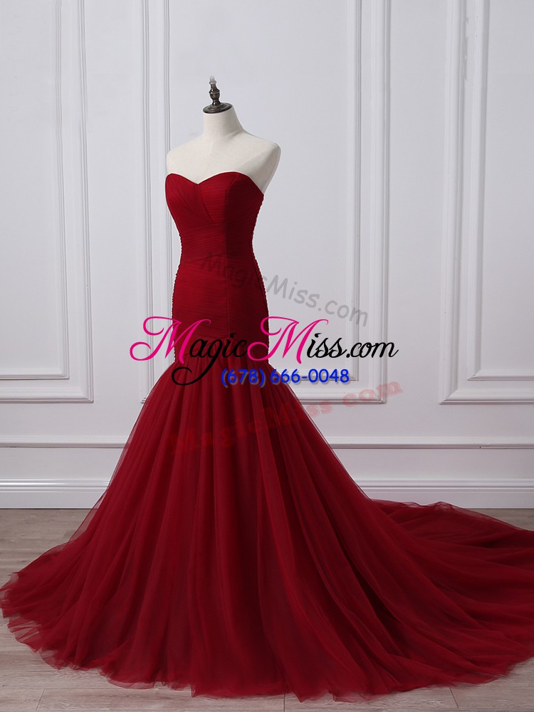 wholesale new style wine red tulle lace up formal dresses sleeveless court train ruching
