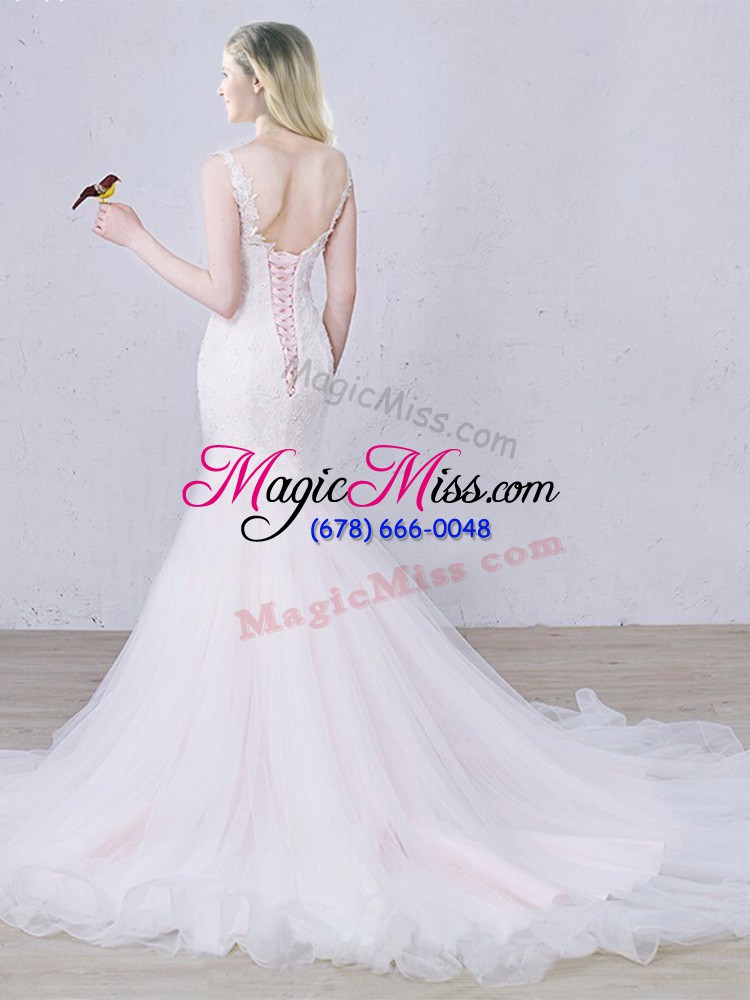 wholesale noble tulle scoop sleeveless brush train lace up lace wedding gowns in white