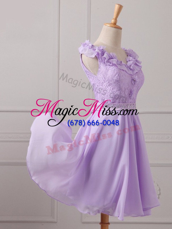 wholesale empire bridesmaid gown lavender v-neck chiffon sleeveless mini length lace up