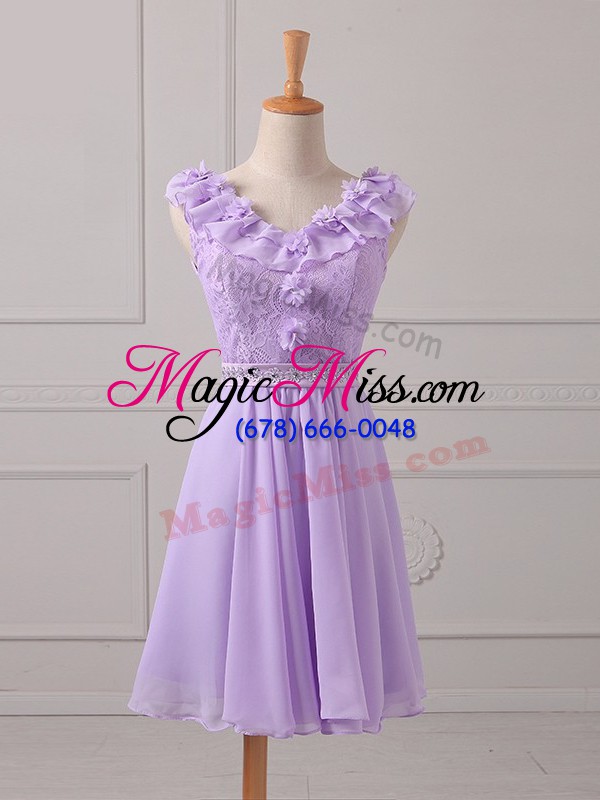 wholesale empire bridesmaid gown lavender v-neck chiffon sleeveless mini length lace up